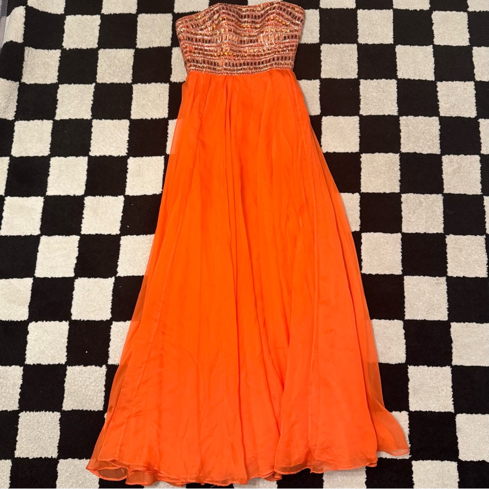 Sherri Hill Elegant Orange Beaded Strapless Dress Size 2